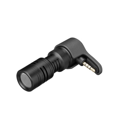 Microfone compacto preto com conector de 3,5 mm em ângulo