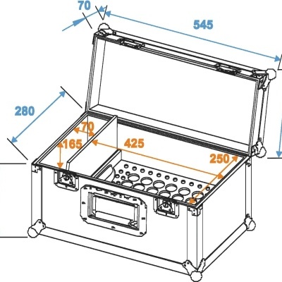 Desenho técnico de maleta metálica com dimensões e compartimentos internos