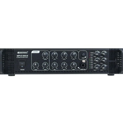 Amplificador de áudio preto com botões e inscrições MPV2-250/6 e MIXING AMP 250W