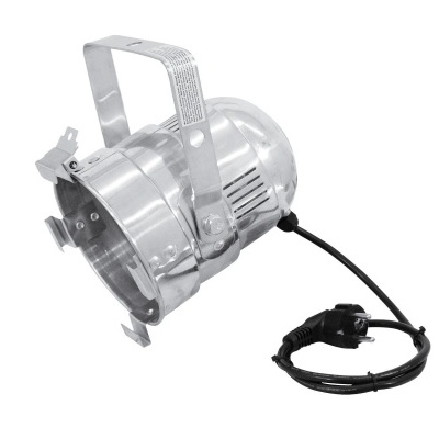 Refletor metálico prateado com cabo elétrico preto