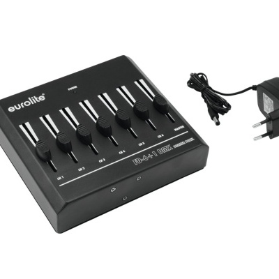 Controlador DMX Eurolite preto com seis controlos deslizantes e ficha de alimentação.