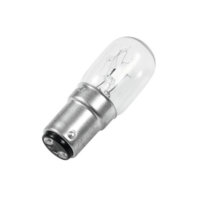 Lâmpada incandescente pequena com base metálica e bulbo transparente