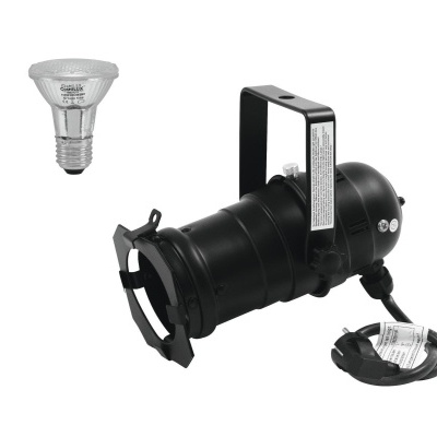 Projetor de luz teatral preto e lâmpada clara em fundo branco