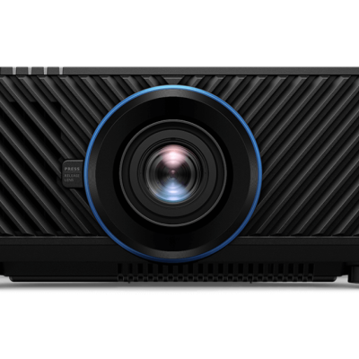 Projetor preto com lente central e anel azul