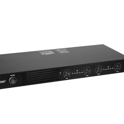 Amplificador de áudio preto Alesis RA 150 com quatro botões de controle e grelha frontal