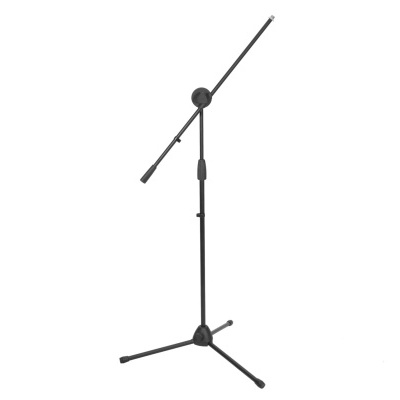 Suporte de microfone ajustável em metal preto com base tripé.