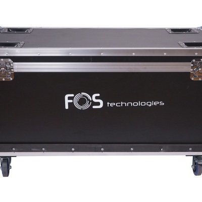 Mala de transporte preta com o texto FOS technologies