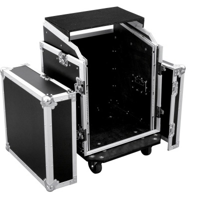 Mala de transporte preta com portas laterais abertas e tampa removível