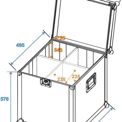 Caixa de transporte metálica com divisórias internas e medidas em milímetros