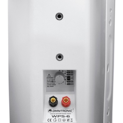 Coluna acústica branca Omnitronic WPS-6 com botões de controlo e terminais de ligação
