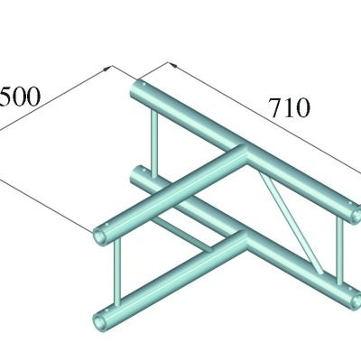 Estrutura metálica tubular azul claro com dimensões e design triangular.