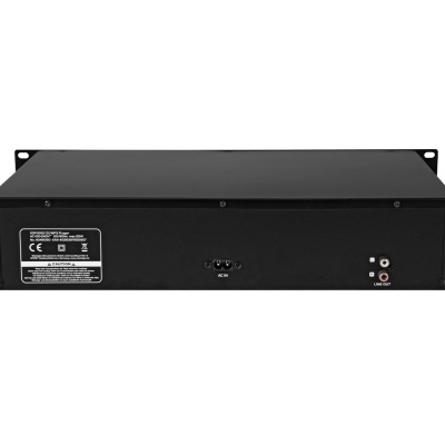 Equipamento eletrónico preto retangular com entradas RCA e etiqueta técnica