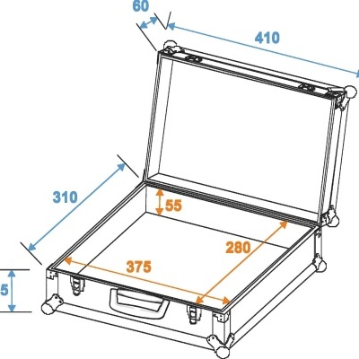 Desenho técnico de mala rígida branca com dimensões e trancas