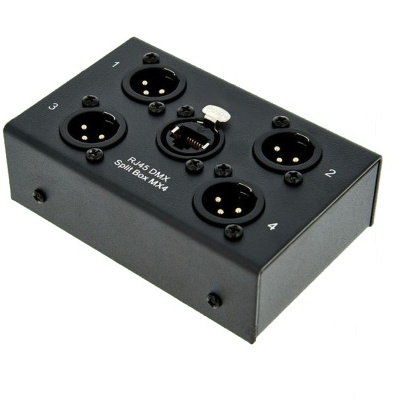 Interface de áudio preta com quatro conectores XLR e conector RJ45