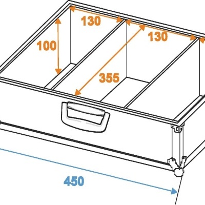 Desenho técnico de caixa organizadora branca com divisórias e dimensões em milímetros
