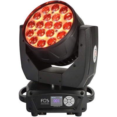 Luz de palco moving head LED com luzes vermelhas em suporte preto
