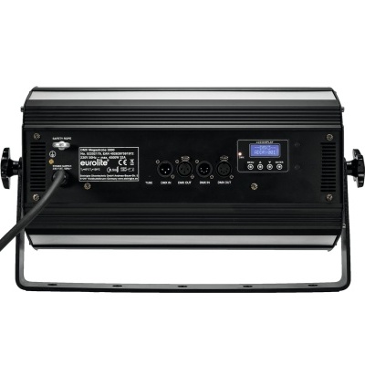 Amplificador de áudio Aurolite preto com ecrã digital azul e várias entradas e botões