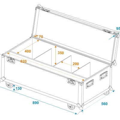 Diagrama técnico de baú de transporte com dimensões e divisórias internas