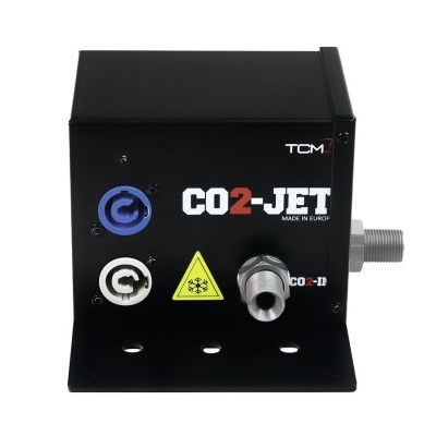 Equipamento de metal preto CO2-JET com símbolos e saída metálica.