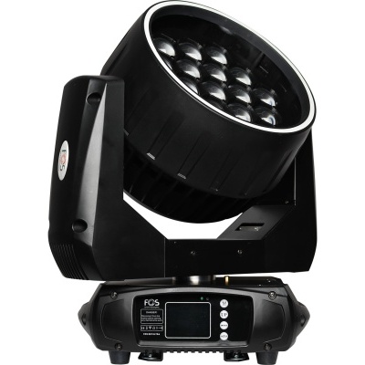 Projetor de luz LED preto com múltiplas lentes e visor LCD