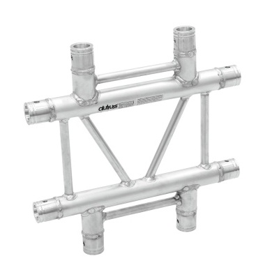 Suporte metálico prateado com tubos e etiqueta artut