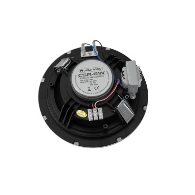 Coluna de som de teto preta, modelo CSR-6W, vista traseira com fios e conectores