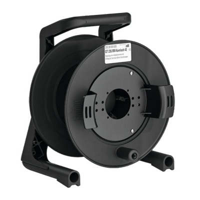 Carretel de cabo preto com etiqueta branca