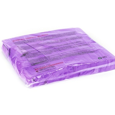 Pacote roxo embalada em plástico com texto impresso