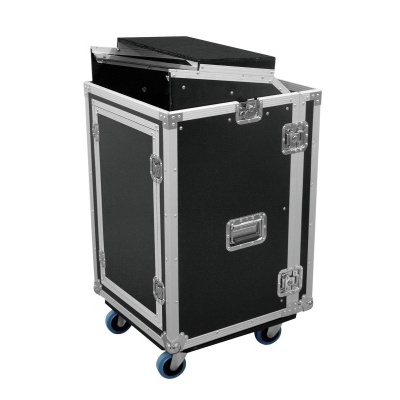 Caixa de transporte preta reforçada com cantos metálicos e rodas azuis