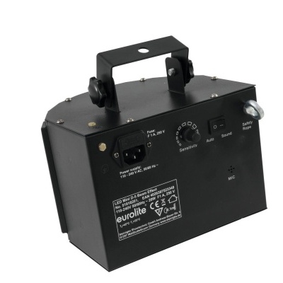 Aparelho elétrico preto com alça e etiquetas de texto branco