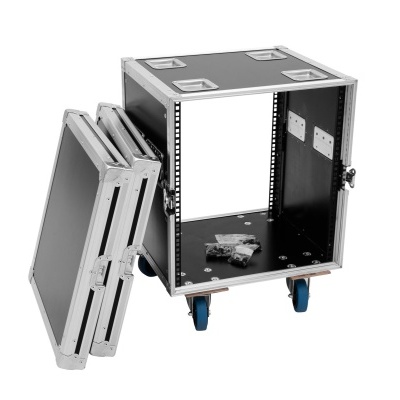 Estojo de transporte preto com estrutura metálica e rodas azuis