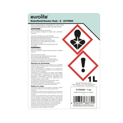 Rótulo de 1 litro de fluído de fumo eurolite com avisos de perigo e texto multilíngue