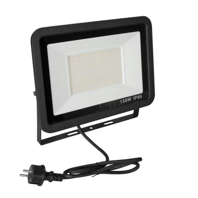 Refletor LED retangular preto com frontal branco, múltiplos LEDs pequenos e cabo com ficha