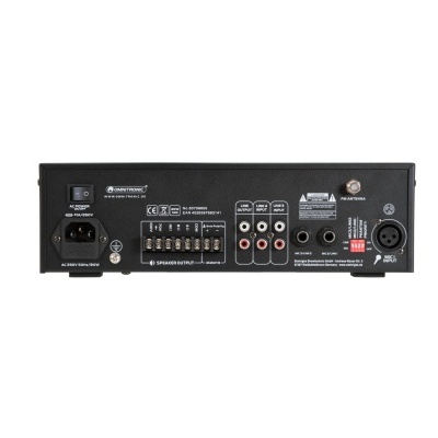 Amplificador de som preto com entradas e saídas variadas no painel traseiro