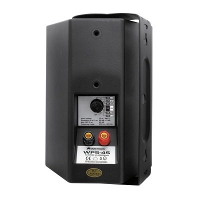 Coluna de som preta com entradas de áudio e etiquetas