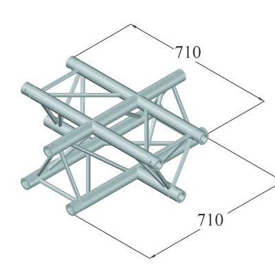 Estrutura metálica prateada em forma cruzada com suportes triangulares