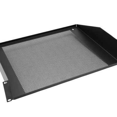 Prateleira metálica preta perfurada para montagem em estrutura.