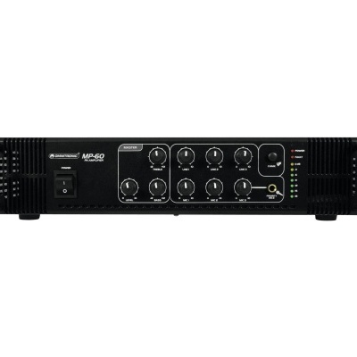 Amplificador preto com botões de controlo, leds indicadores e texto 'MP-60' e 'AMERICAN AUDIO'