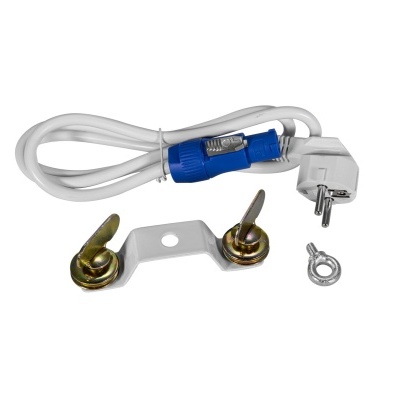 Cabo elétrico com ficha europeia, suporte metálico e componentes isolados