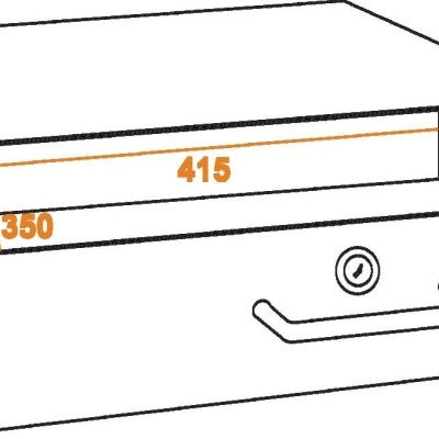 Desenho técnico de gaveta metálica cinzenta com medidas