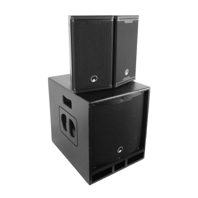 Conjunto de colunas áudio preto com acabamento em malha metálica