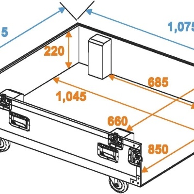 Caixa de transporte preta com rodas e medições técnicas em milímetros