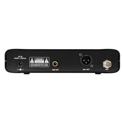 Parte traseira de dispositivo eletrônico preto com entradas e etiquetas