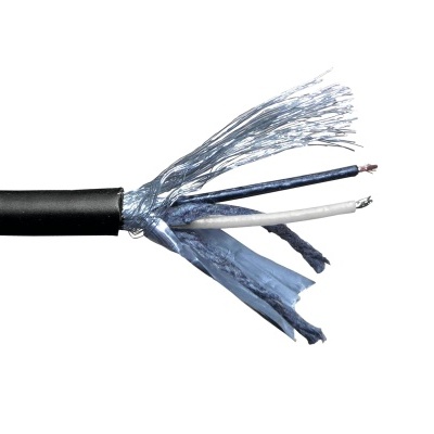 Cabo coaxial com capa preta, blindagem metálica e dois condutores isolados azul e branco
