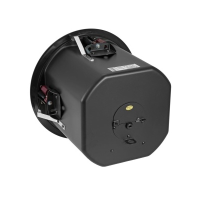 Subwoofer preto com formato hexagonal e detalhes metálicos