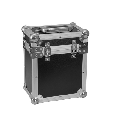 Mala rígida preta com reforços metálicos e pega superior