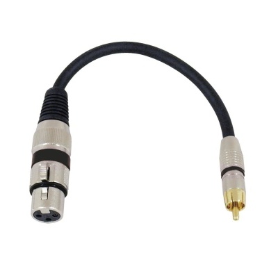 Cabo adaptador preto com conector XLR fêmea e conector RCA dourado
