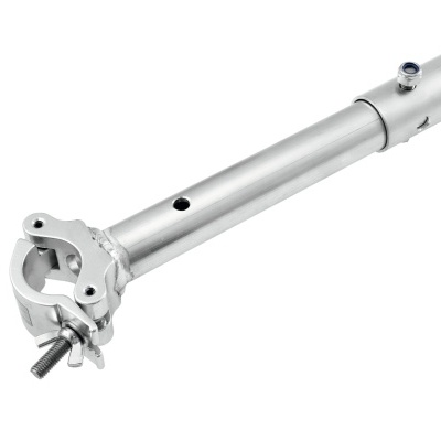 Suporte metálico prateado com peça de fixação e parafuso