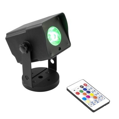 Projetor LED preto com suporte e comando remoto branco colorido