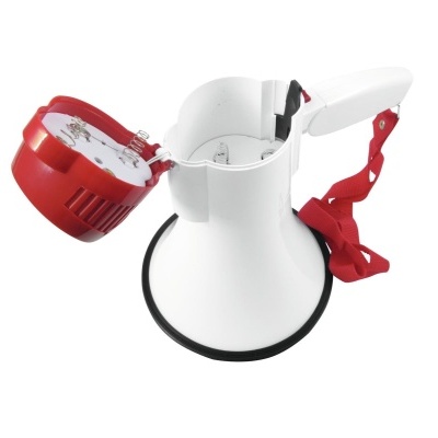 Megafone branco com detalhes em vermelho e alça vermelha
